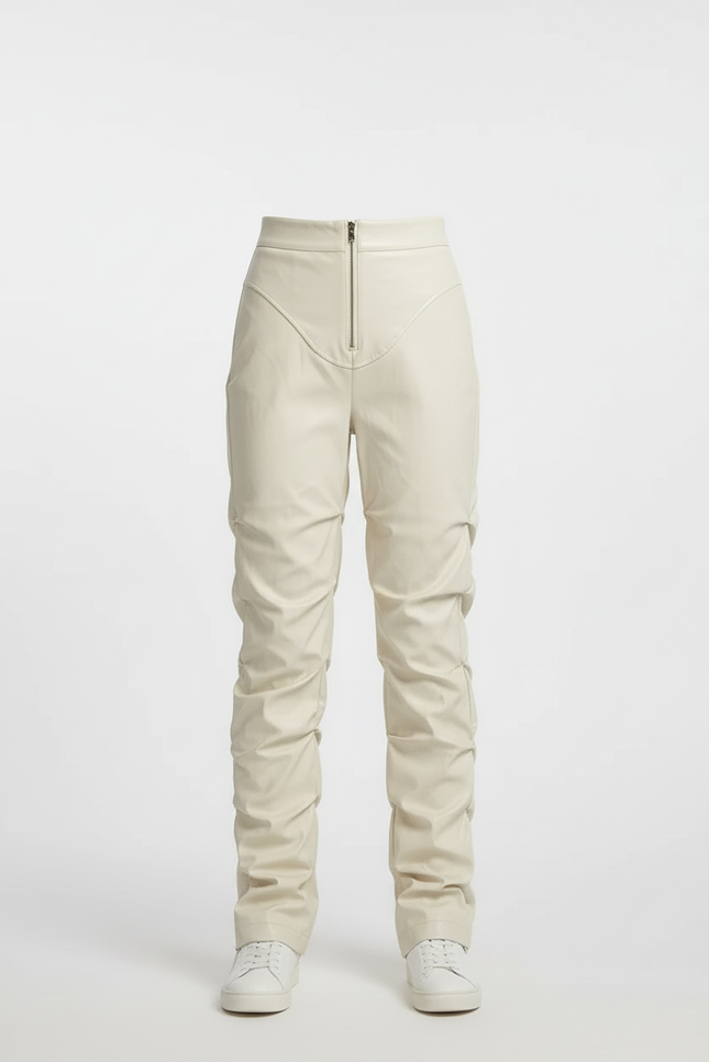 Pantalon Beige Similicuir Froncé Taille Haute Zippé - Simili cuir - vue 3