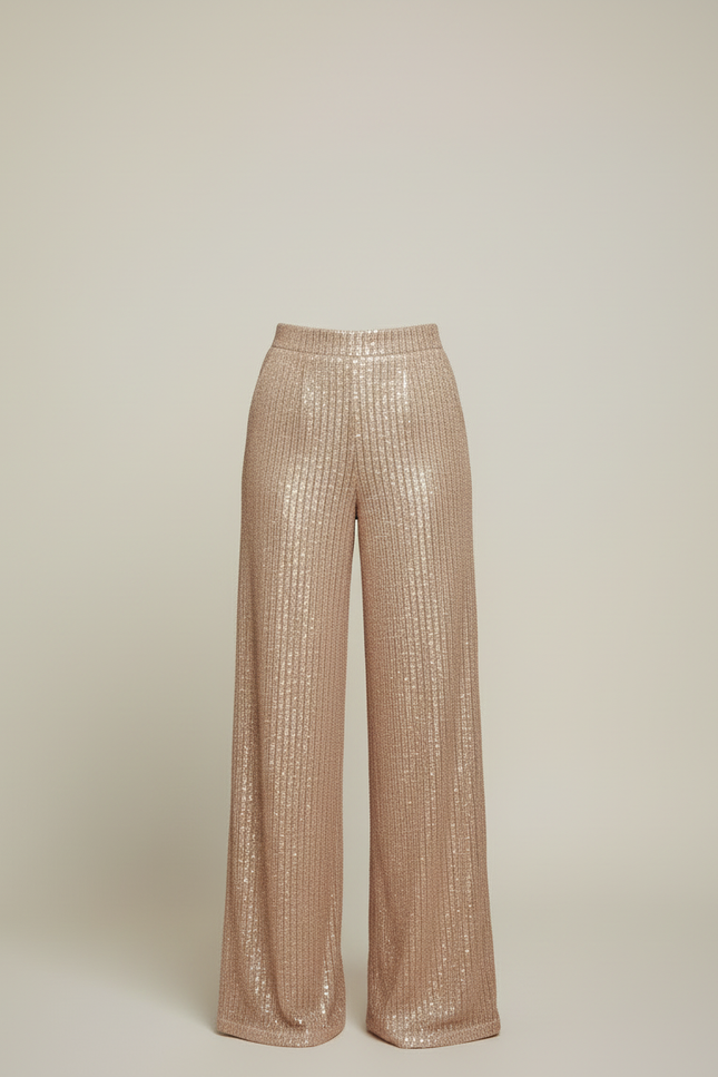 Pantalon Beige Pailleté Large Fluide Élégant Femme - Doré Polyester - vue 3