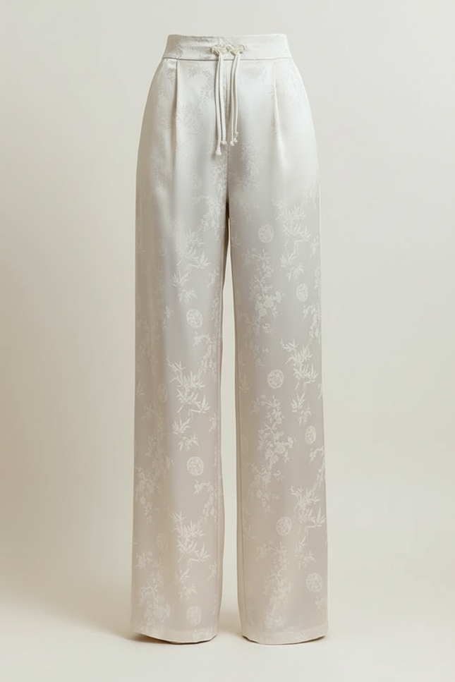 Pantalon Beige Satiné Jacquard Ample Fluide Élégant - vue 3