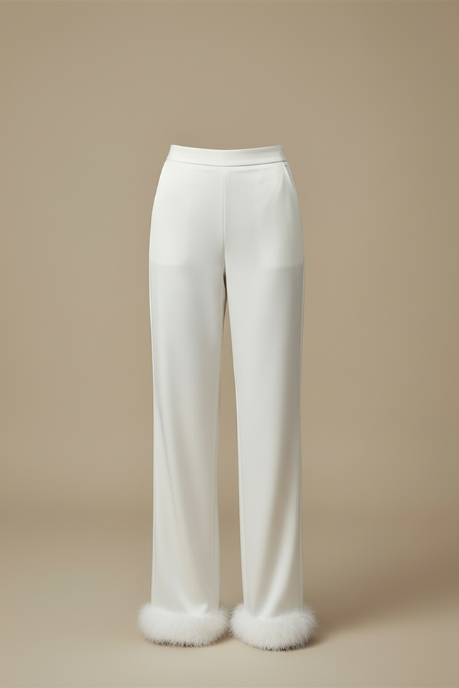 Pantalon Beige Ample Fluide Fourrure Élégant Femme - Blanc Satin - vue 3