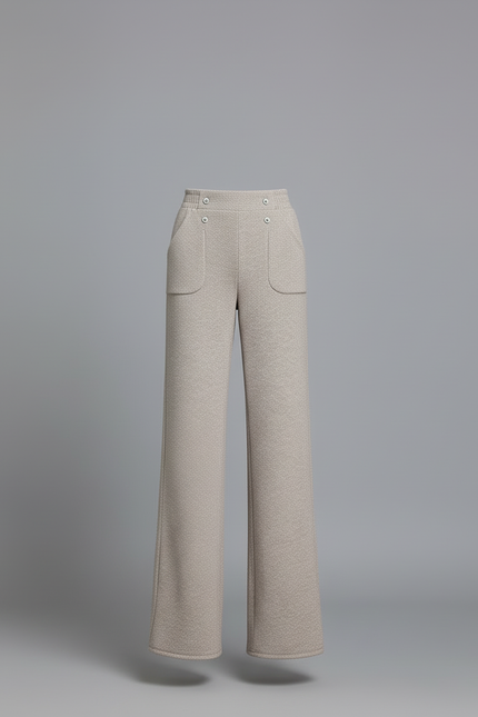 Pantalon Beige Large Taille Haute Boutons Décontracté - Tweed - vue 3