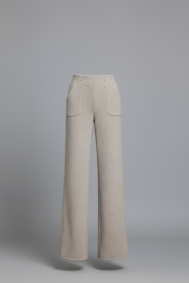 Pantalon Beige Large Taille Haute Boutons Décontracté - Tweed - vue 3