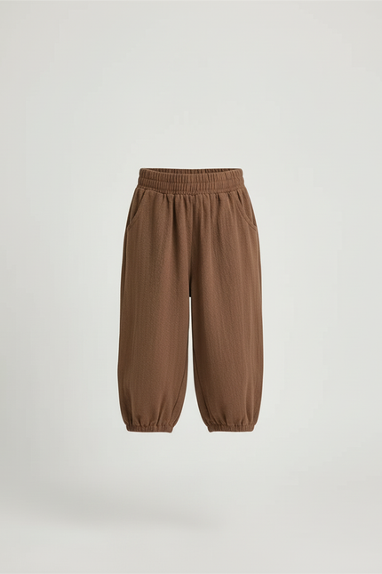 Pantalon Beige Coton Lin Ample Élastique Enfant - Marron - vue 3