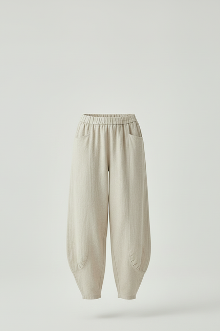 Pantalon Beige Ample Coton Lin Vintage Femme - vue 3
