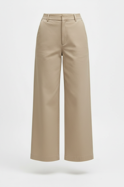 Pantalon Beige Coton Taille Haute Ample Jambe Large - Gabardine - vue 3