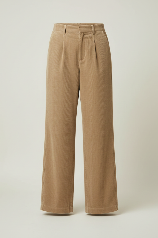 Pantalon Beige Côtelé Plissé Ample Femme Élégant - Cordé - vue 3
