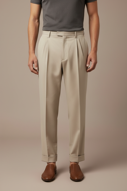 Pantalon Beige Homme Plissé Taille Haute Élégant - Gabardine - vue 3