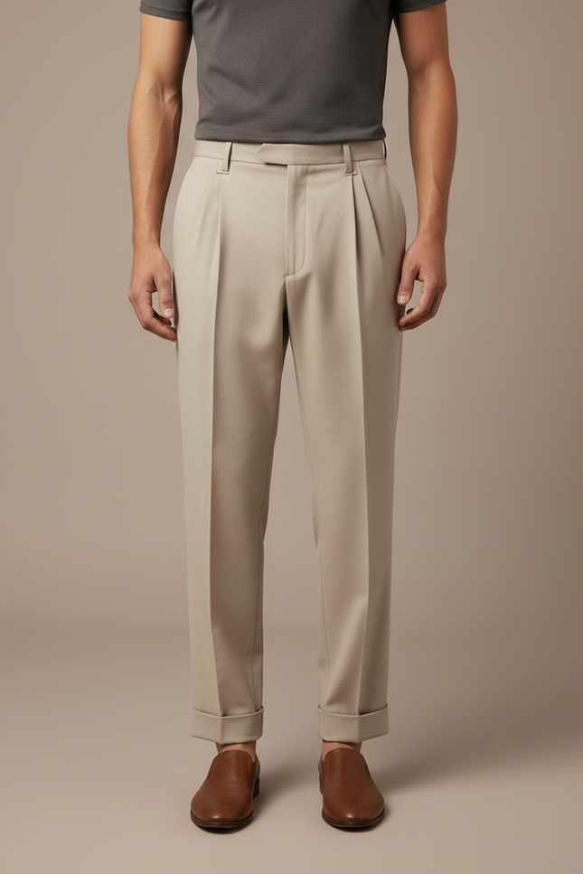 Pantalon Beige Homme Plissé Taille Haute Élégant - Gabardine - vue 3