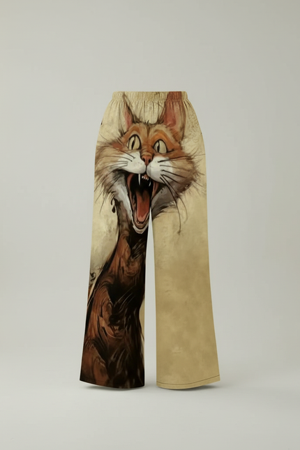 Pantalon Beige Ample Imprimé Chat Taille Élastique - Polyester - vue 3