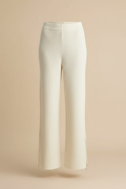 Pantalon Beige Tricoté Côtelé Ample Décontracté Élégant - Maille - vue 3