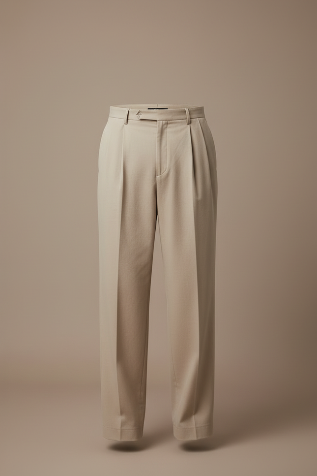 Pantalon Beige Plissé Ample Droit Homme Élégant - Gabardine - vue 3