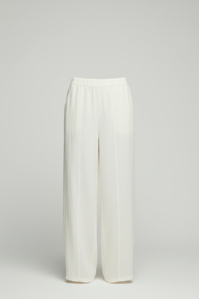 Pantalon Beige Ample Lin Élastique Femme Chic - Blanc - vue 3
