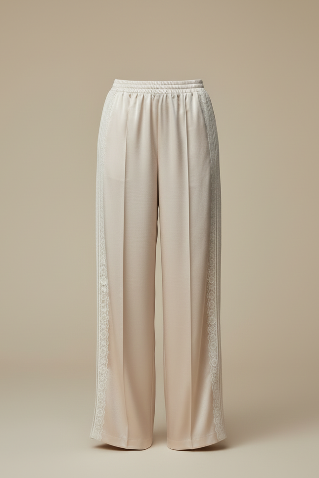 Pantalon Beige Satiné Ample Fluide Dentelle Femme - vue 3