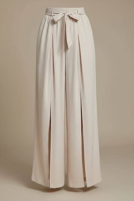 Pantalon Beige Fluide Ample Fendu Élégant Ceinturé - Lin - vue 3