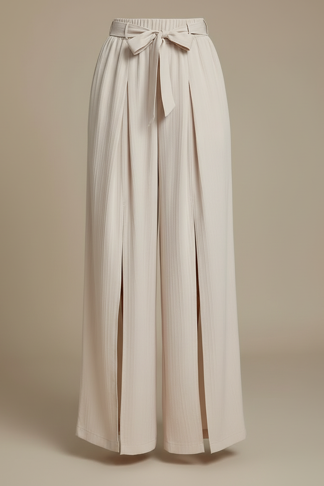 Pantalon Beige Fluide Ample Fendu Élégant Ceinturé - Lin - vue 3