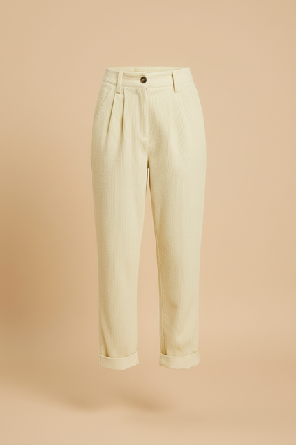 Pantalon Beige Côtelé Ample Décontracté Taille Haute - Jaune Cordé - vue 3