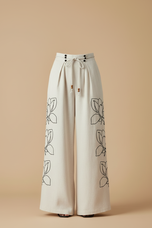 Pantalon Beige Large Fluide Lin Brodé Floral Femme - vue 3