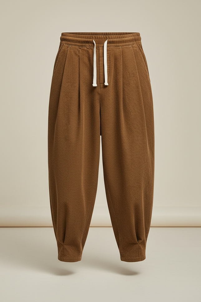 Pantalon Beige Côtelé Ample Plissé Confortable Homme - Marron Cordé - vue 3