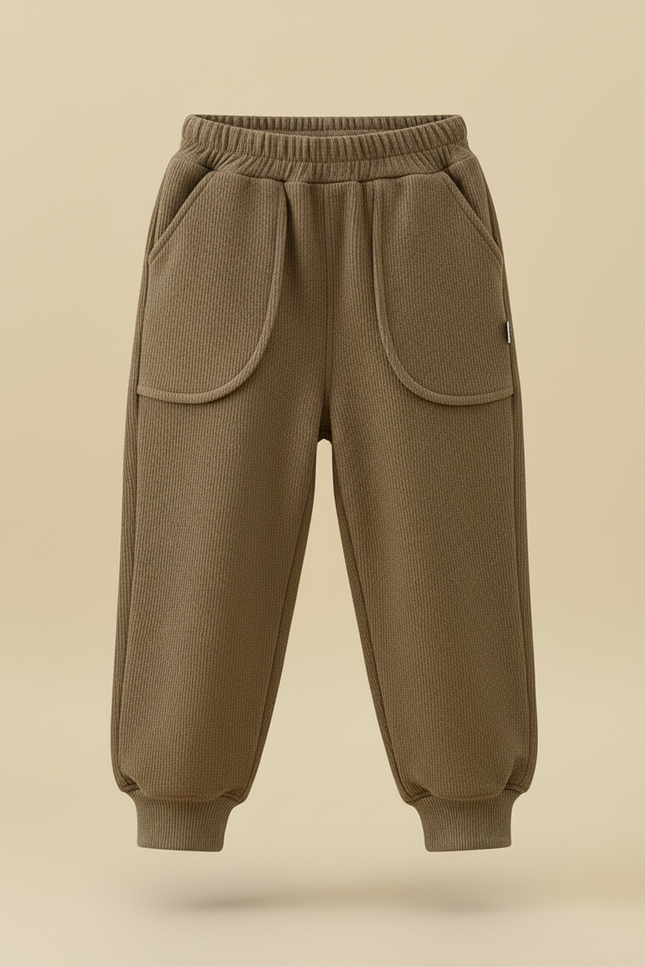 Pantalon Beige Ample Côtelé Élastique Enfant Hiver - Kaki Cordé - vue 3