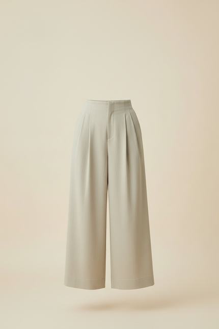 Pantalon Beige Ample Plissé Taille Haute Fluide - Kaki Viscose - vue 3
