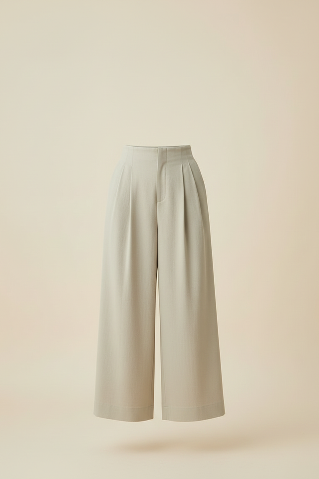 Pantalon Beige Ample Plissé Taille Haute Fluide - Kaki Viscose - vue 3
