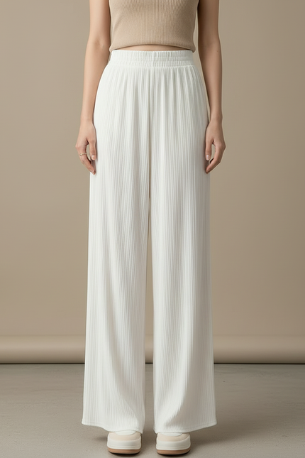 Pantalon Beige Plissé Fluide Ample Décontracté Femme - Blanc Maille - vue 3