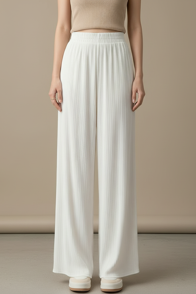 Pantalon Beige Plissé Fluide Ample Décontracté Femme - Blanc Maille - vue 3