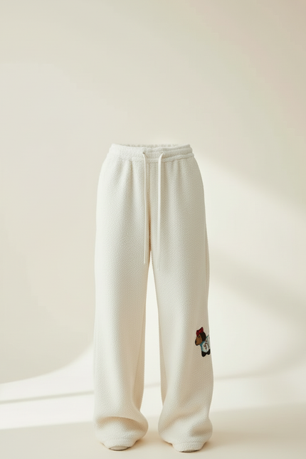 Pantalon Beige Ample Brodé Molletonné Décontracté Femme - Blanc - vue 3