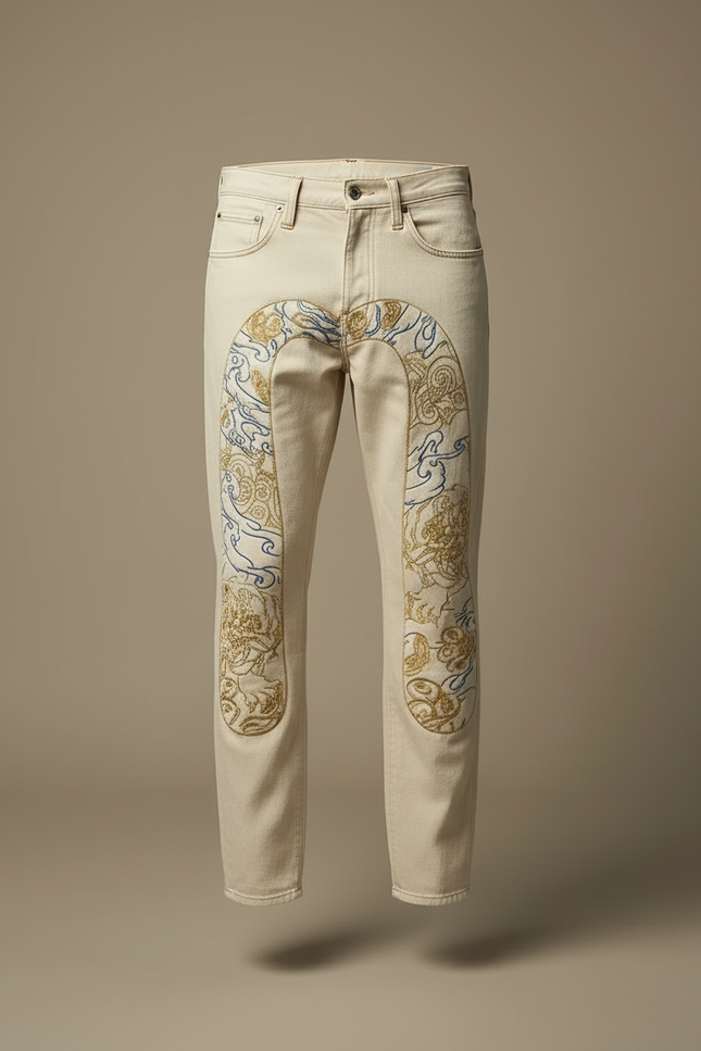 Pantalon Beige Jeans Brodé Homme Tapered Stylé - vue 3