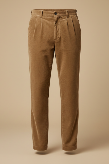 Pantalon Beige Côtelé Plissé Droit Homme Décontracté - Camel Cordé - vue 3