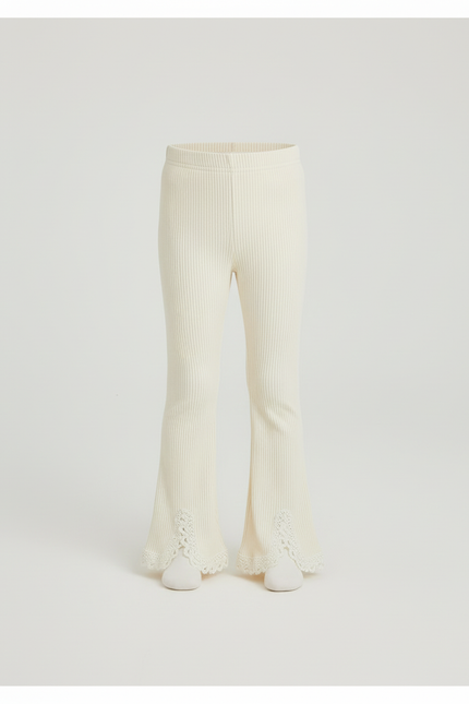 Pantalon Beige Côtelé Tricoté Évasé Dentelle Enfant - Maille - vue 3