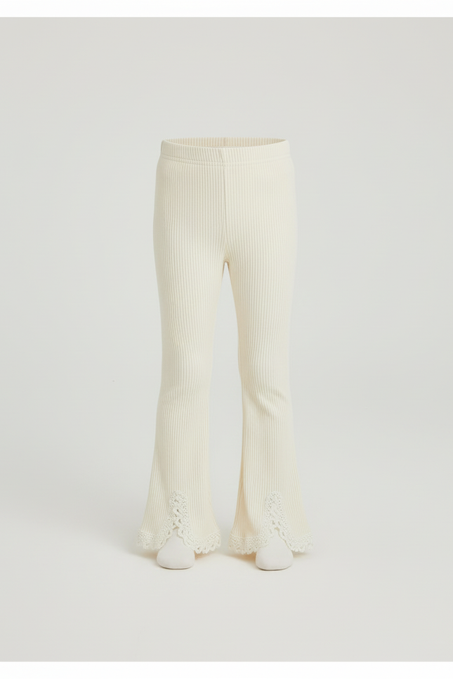 Pantalon Beige Côtelé Tricoté Évasé Dentelle Enfant - Maille - vue 3