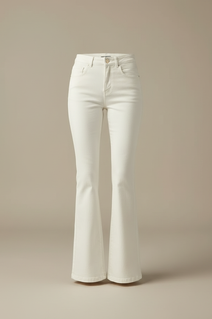 Pantalon Beige Évasé Taille Haute Élégant Femme - Blanc Jean - vue 3
