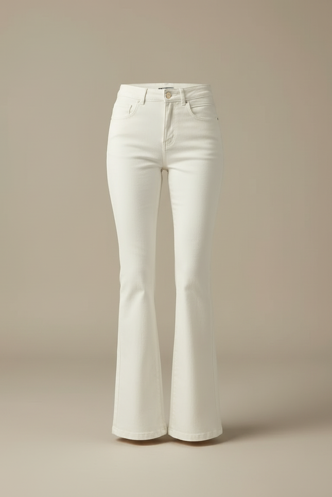 Pantalon Beige Évasé Taille Haute Élégant Femme - Blanc Jean - vue 3