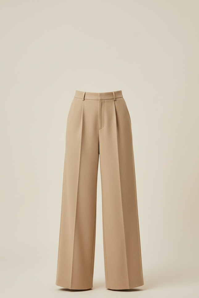 Pantalon Beige Large Plissé Taille Haute Élégant - Laine - vue 3