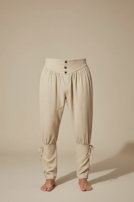 Pantalon Beige Médiéval Pirate Lacets Coton Lin Homme - vue 3