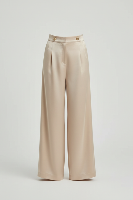 Pantalon Beige Satiné Taille Haute Ample Fluide - vue 3