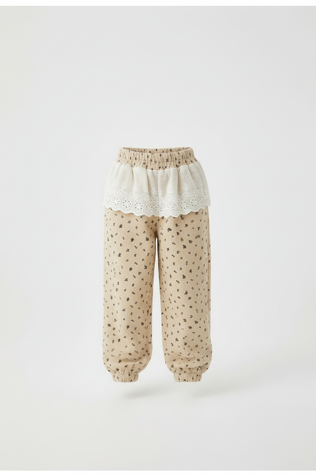 Pantalon Beige Côtelé Fleuri Ample Décontracté Fille - Cordé - vue 3