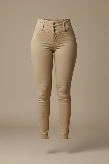 Pantalon Beige Taille Haute Slim Coton Stretch Femme - vue 3