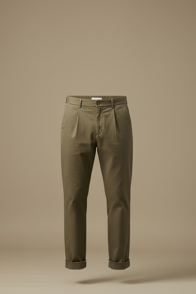 Pantalon Beige Coton Plissé Droit Homme Décontracté - Kaki - vue 3