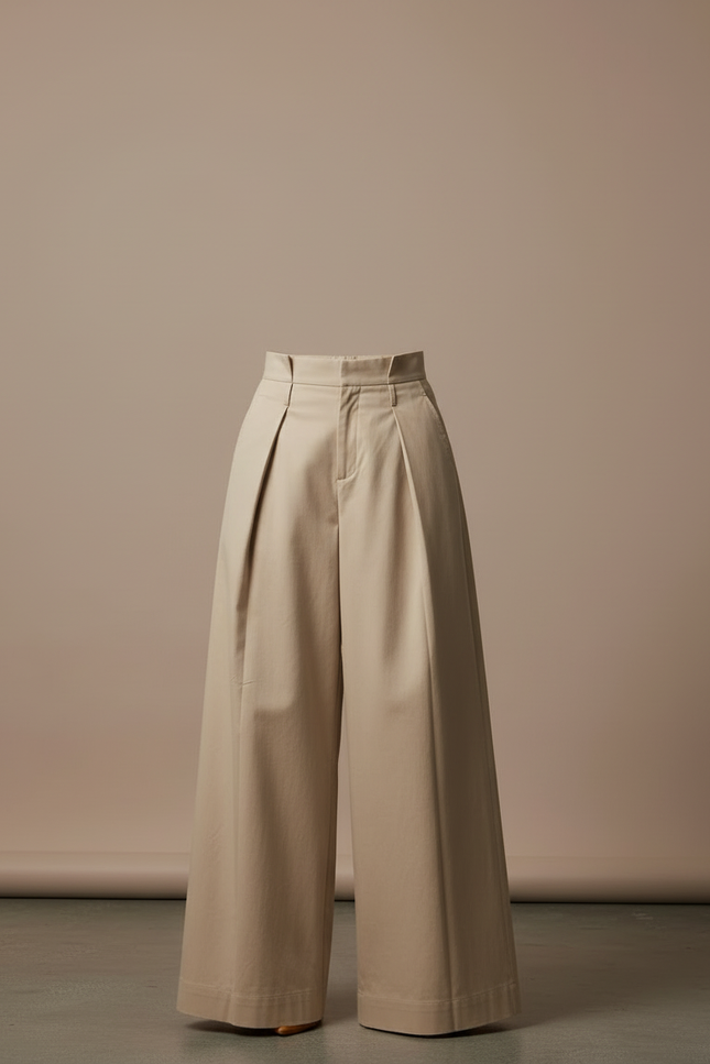 Pantalon Beige Ample Coton Plissé Taille Haute Femme - Gabardine - vue 3