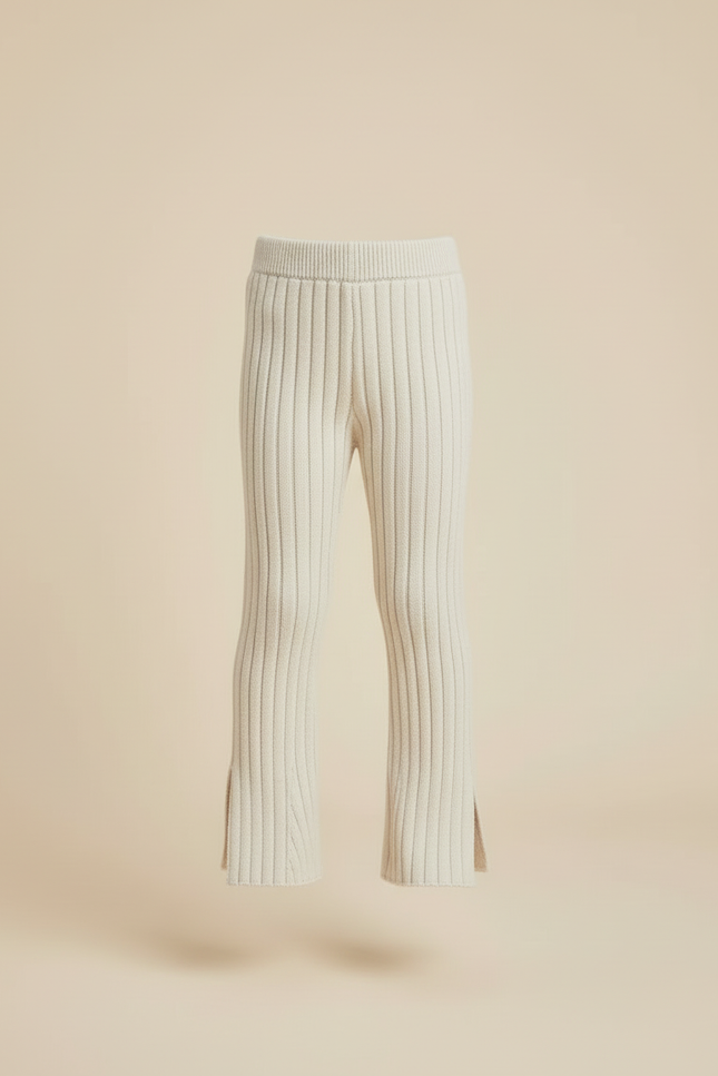 Pantalon Beige Tricoté Côtelé Évasé Enfant Doux - Maille - vue 3