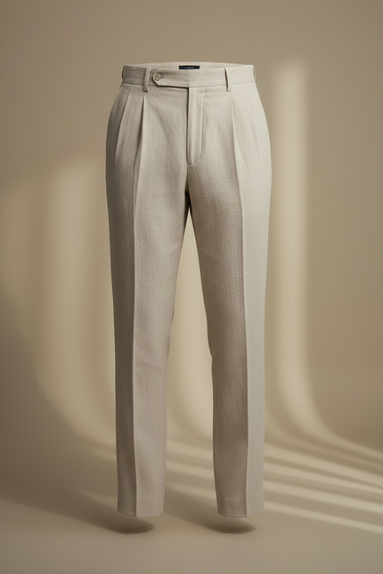 Pantalon Beige Plissé Droit Élégant Homme Coton - Lin - vue 3