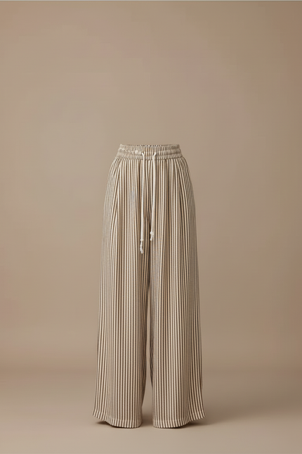 Pantalon Beige Rayé Fluide Ample Taille Haute - Lin - vue 3