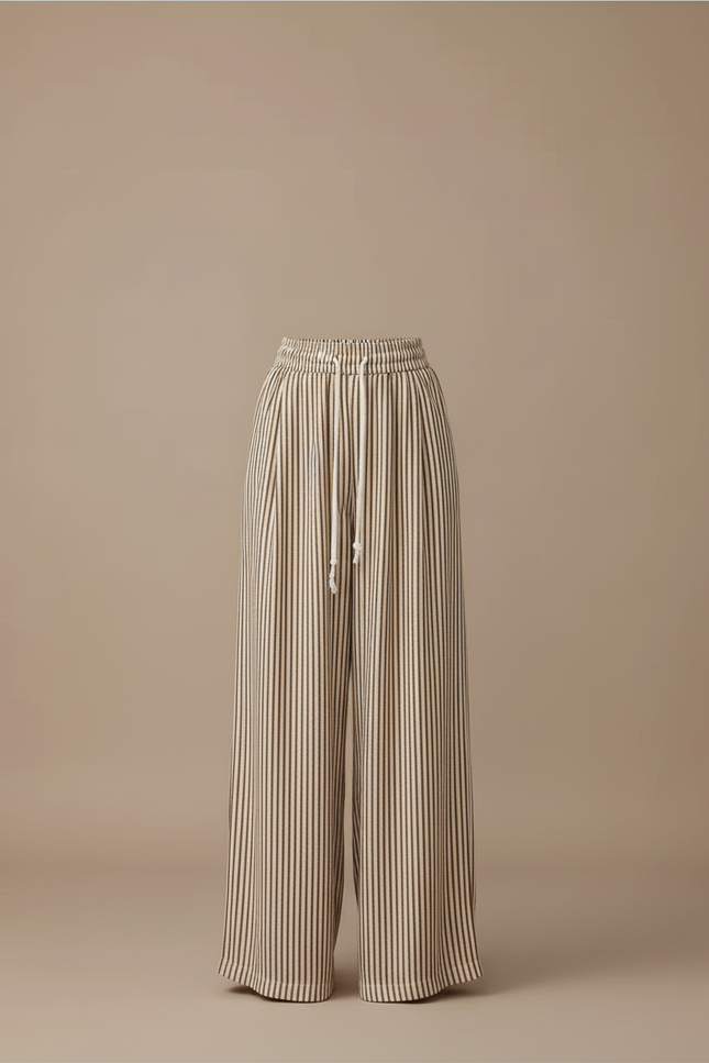 Pantalon Beige Rayé Fluide Ample Taille Haute - Lin - vue 3