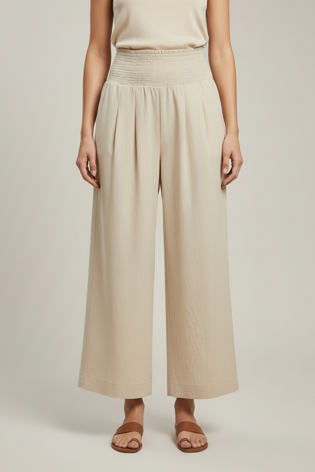 Pantalon Beige Ample Taille Haute Plissé Fluide - Lin - vue 3