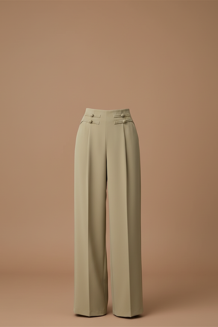 Pantalon Beige Large Taille Haute Fluide Élégant - Kaki Viscose - vue 3
