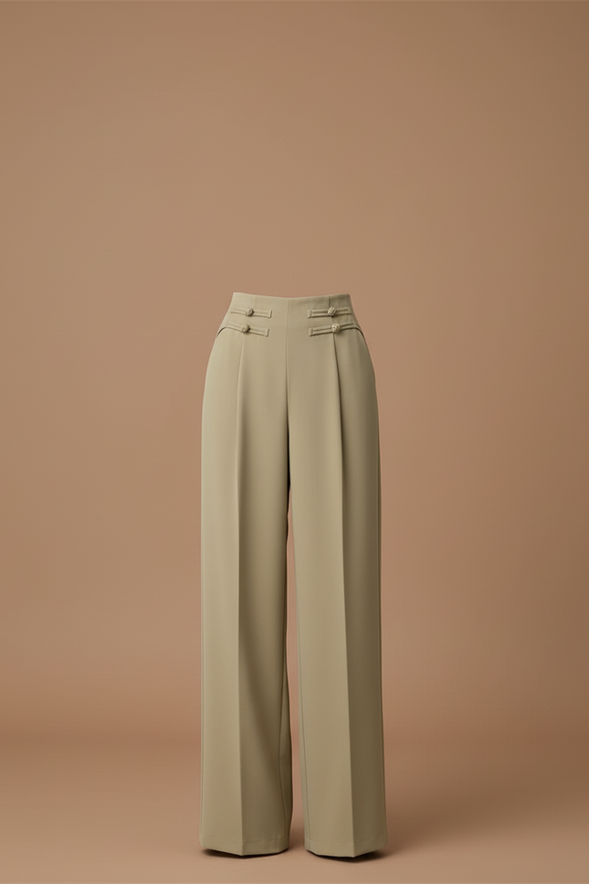 Pantalon Beige Large Taille Haute Fluide Élégant - Kaki Viscose - vue 3