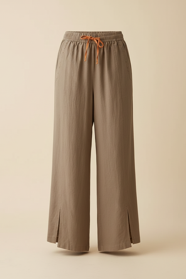 Pantalon Beige Lin Coton Ample Taille Haute Femme - Kaki - vue 3