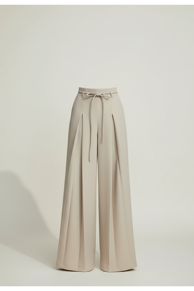 Pantalon Beige Large Plissé Élégant Femme Fluide - Polyester - vue 3